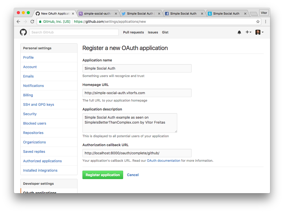 New GitHub OAuth Application